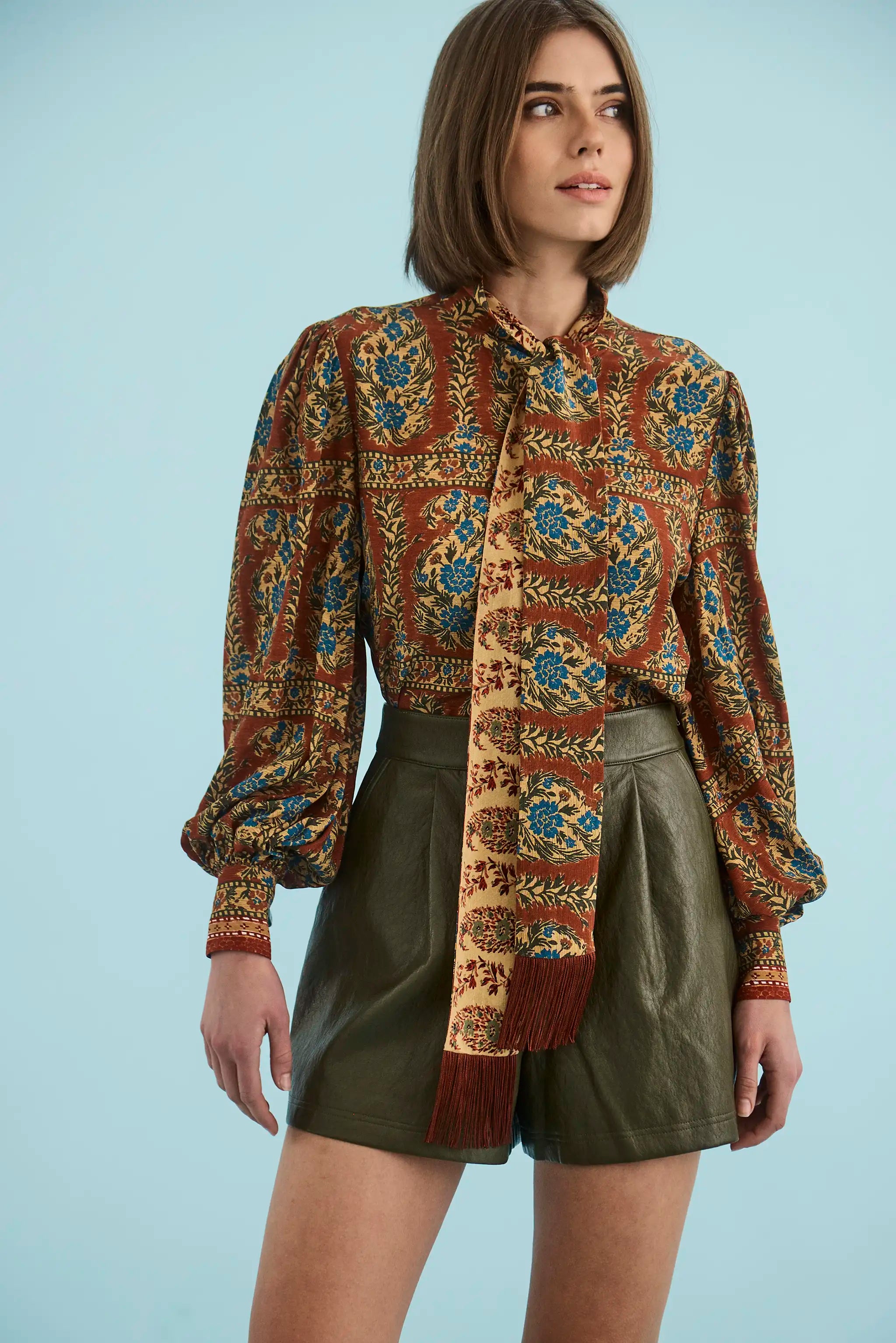 The Karis Blouse in Amber Glen Brown paired with Ashton Short in pine grove. 