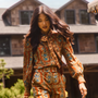 The Karis Blouse in Amber Glen Brown paired with matching Juno Pant. 