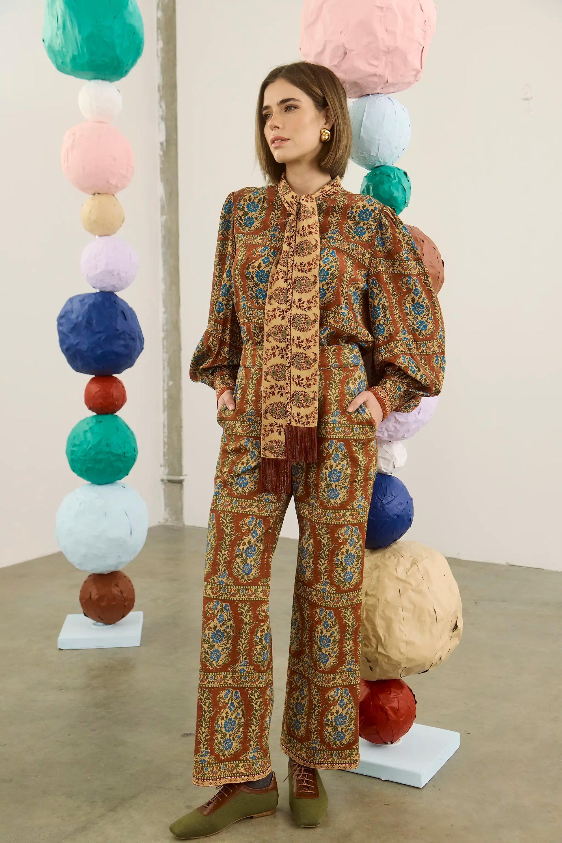The Juno Pant in Amber Glen Brown paired with matching Karis Blouse. 