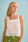 The Kelsey Top in White Lace paired with the Ida Skirt in Palm Sand Dollars. 
