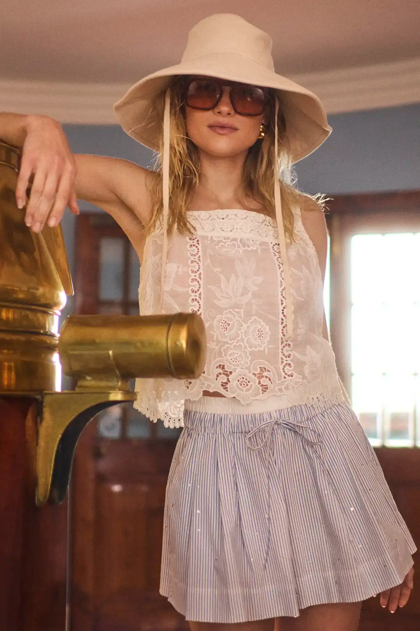 The Kelsey Top in White Lace paired with the Kitty Short in Starlight Embellished Stripe.