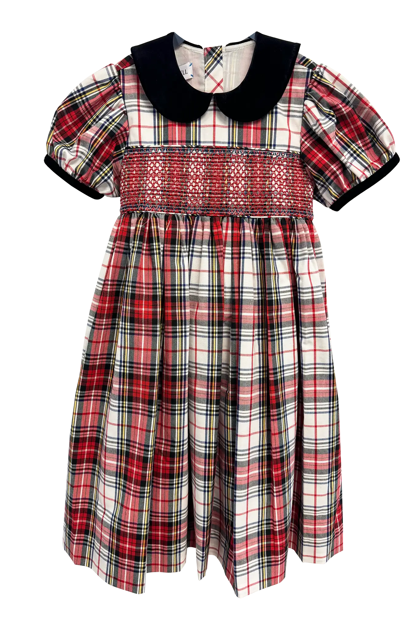 The Joy Kids Dress has a black velvet Peter Pan collar, smocked bodice, and puff short sleeves.