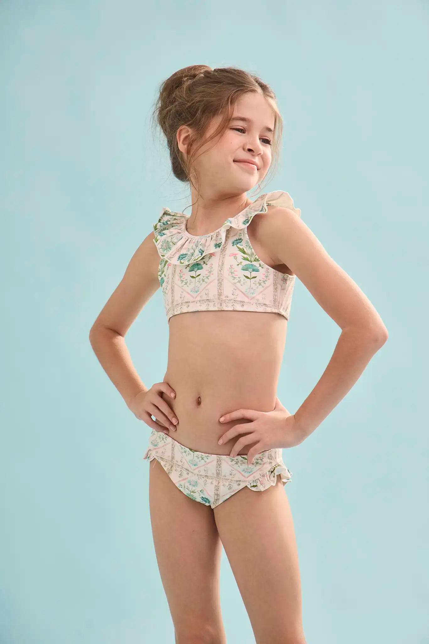 The Kids Two-Piece Swimset in Pink Trellis.