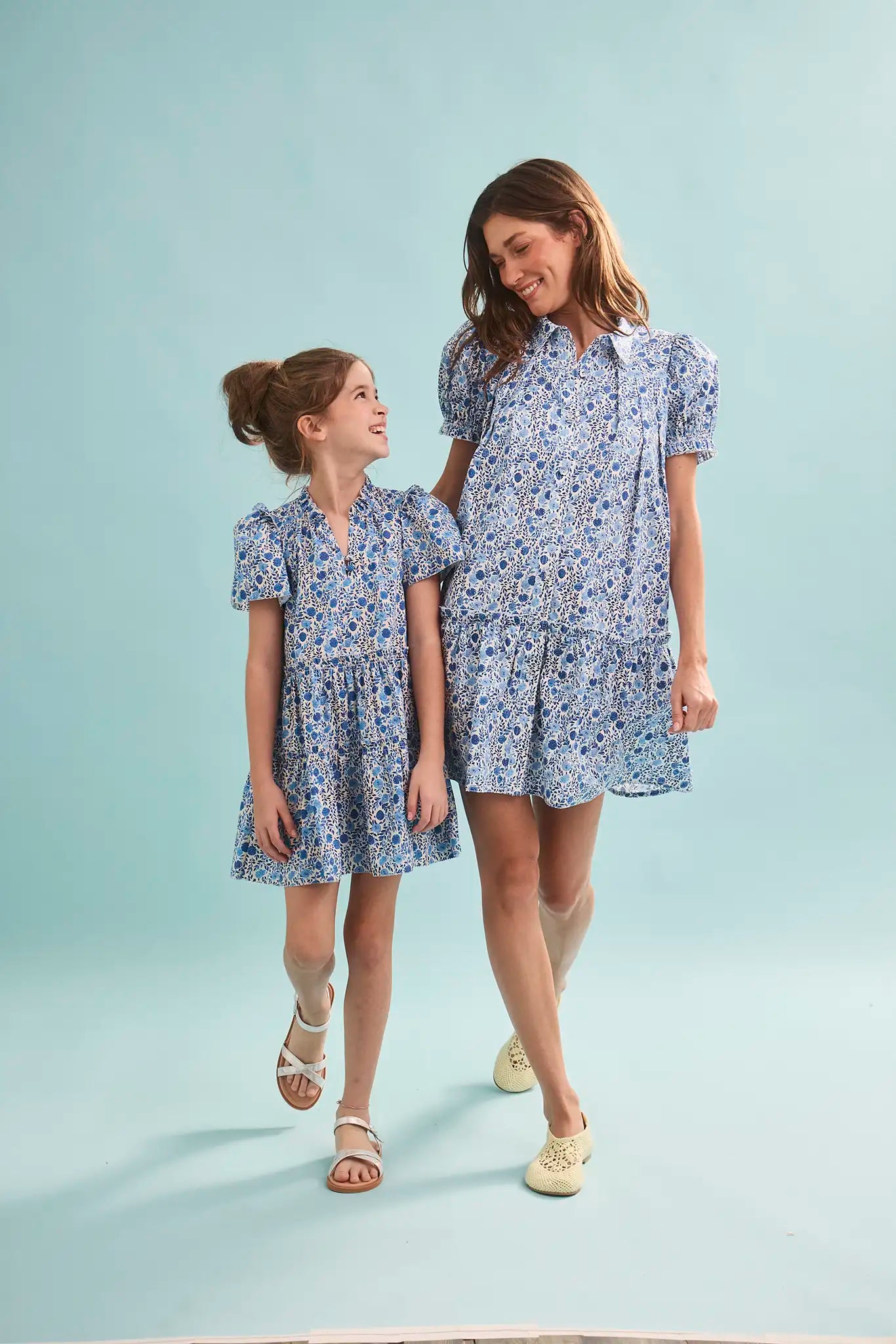 The Drifter Mini Dress in Bermuda Blooms with matching kids Merritt Dress. 