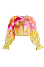 Cropped long sleeve top in yellow and pink tie-dye print with elastic at the sleeves