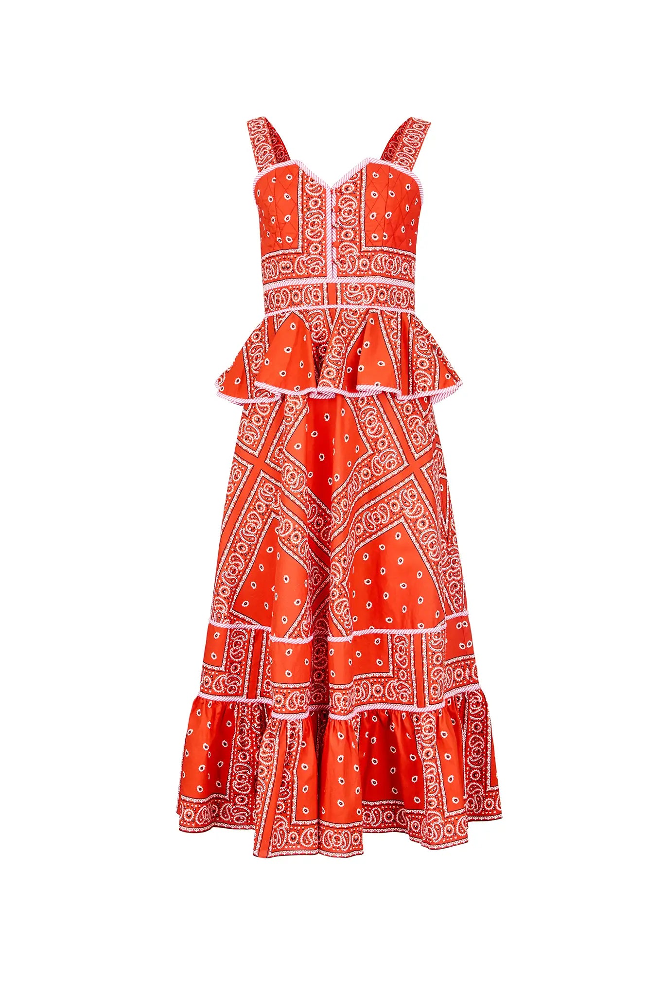 The Lacey Dress has a sweetheart neckline, quilted fitted bodice, peplum detail and contrast trim.