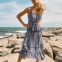 Vine Stripe peplum midi dress with a sleeveless bodice, sweetheart neckline, full circle skirt.
