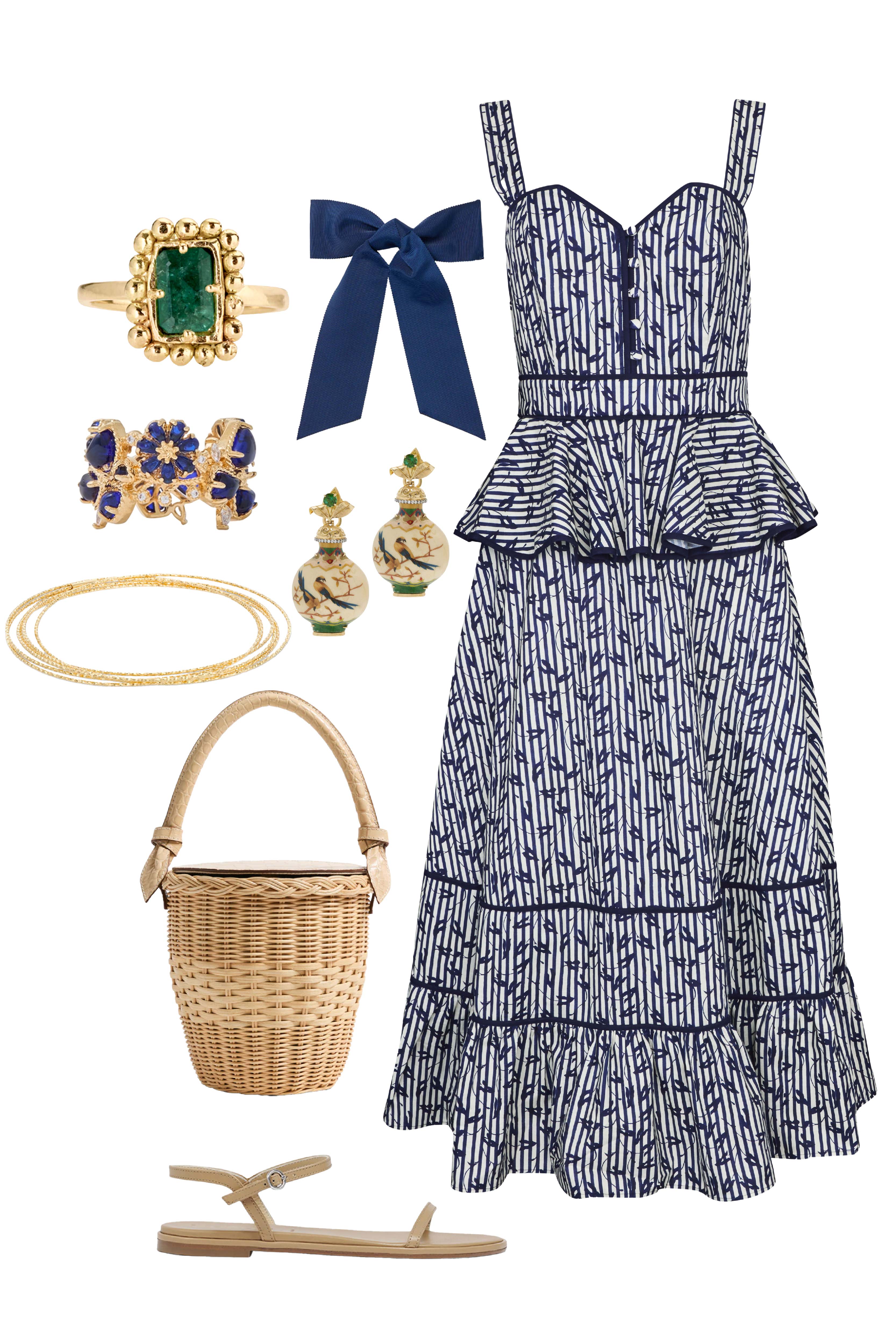 Vine Stripe peplum midi dress with a sleeveless bodice, sweetheart neckline, full circle skirt.