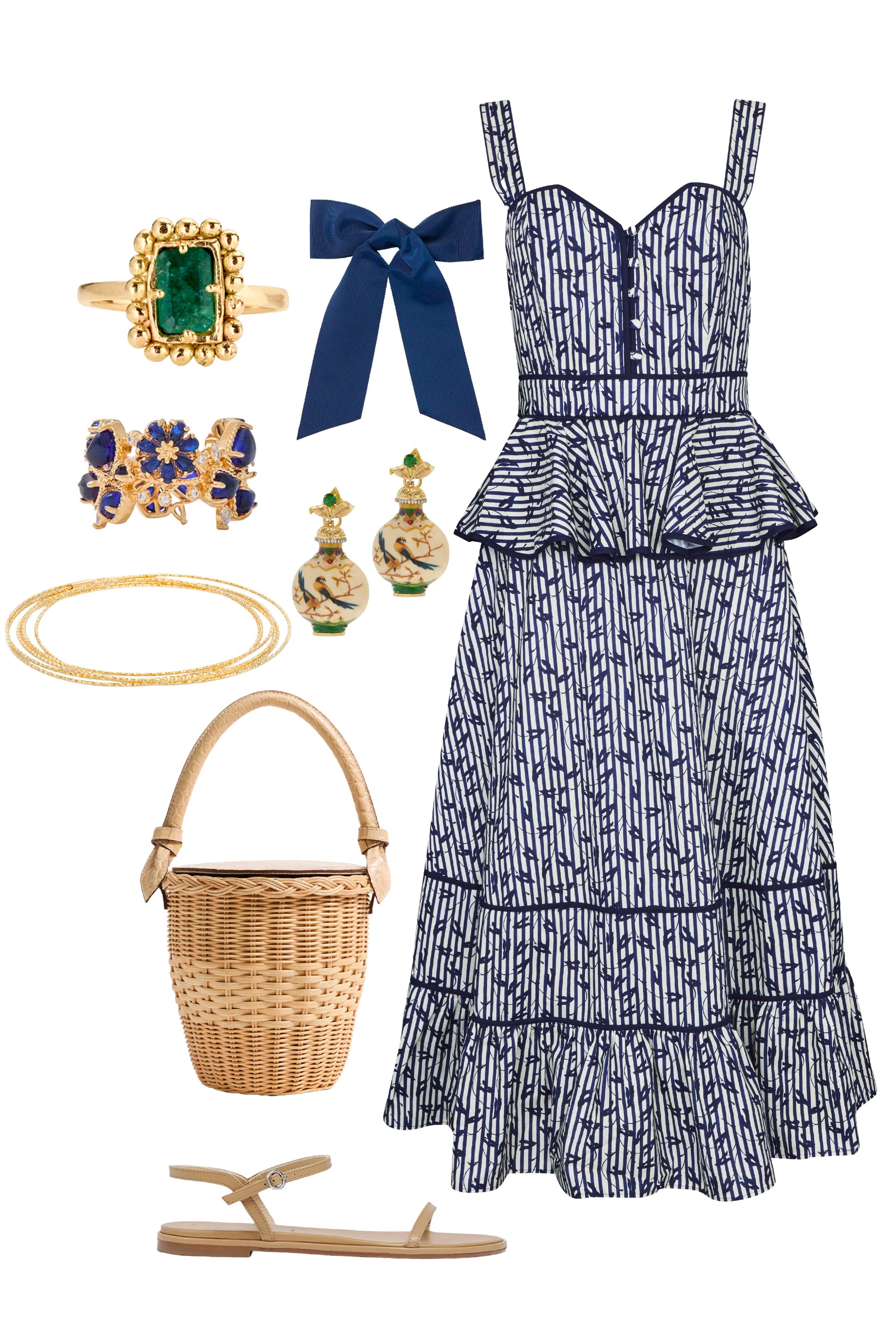 Vine Stripe peplum midi dress with a sleeveless bodice, sweetheart neckline, full circle skirt.