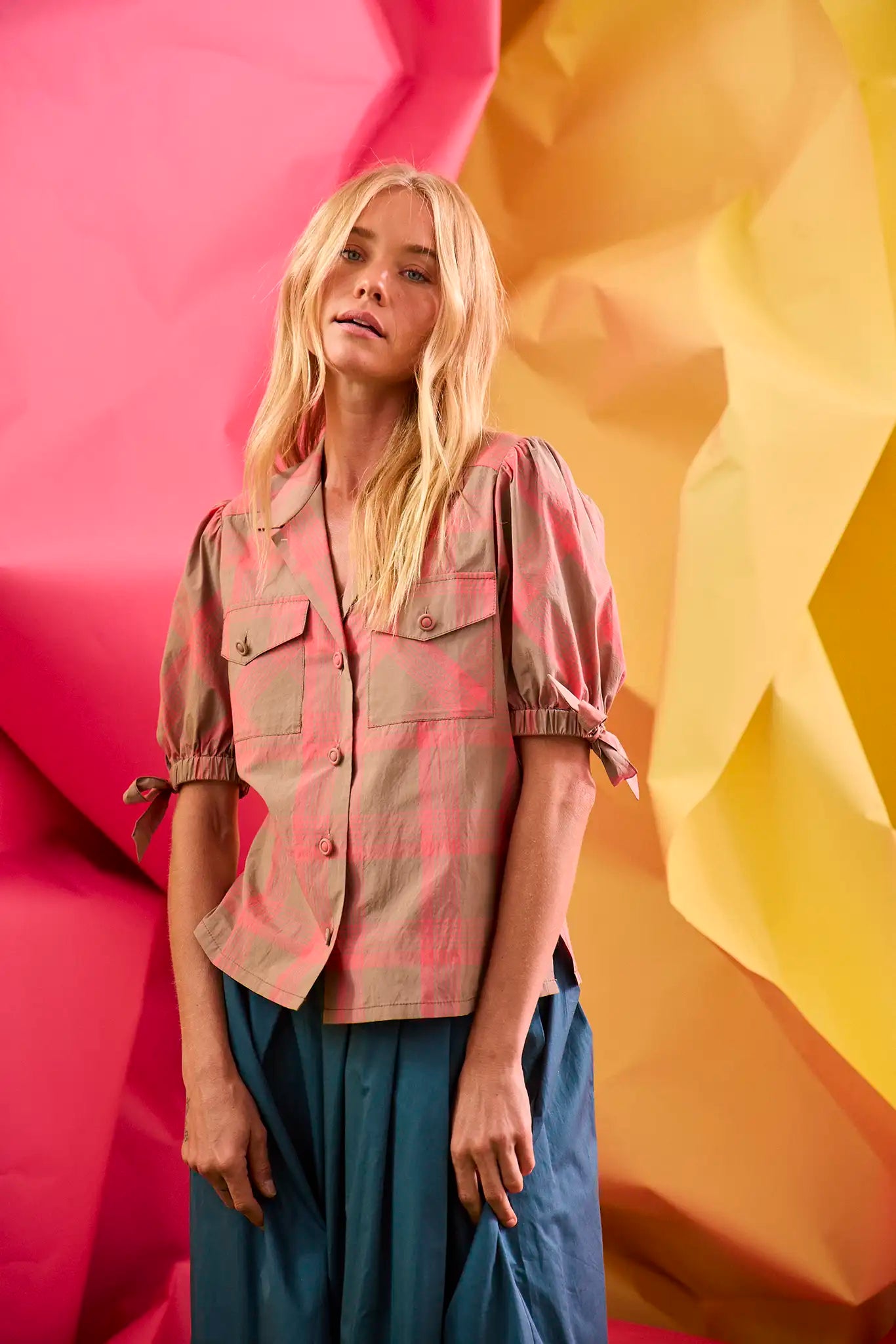 Pink and brown check shirt with tie sleeves and front pockets
