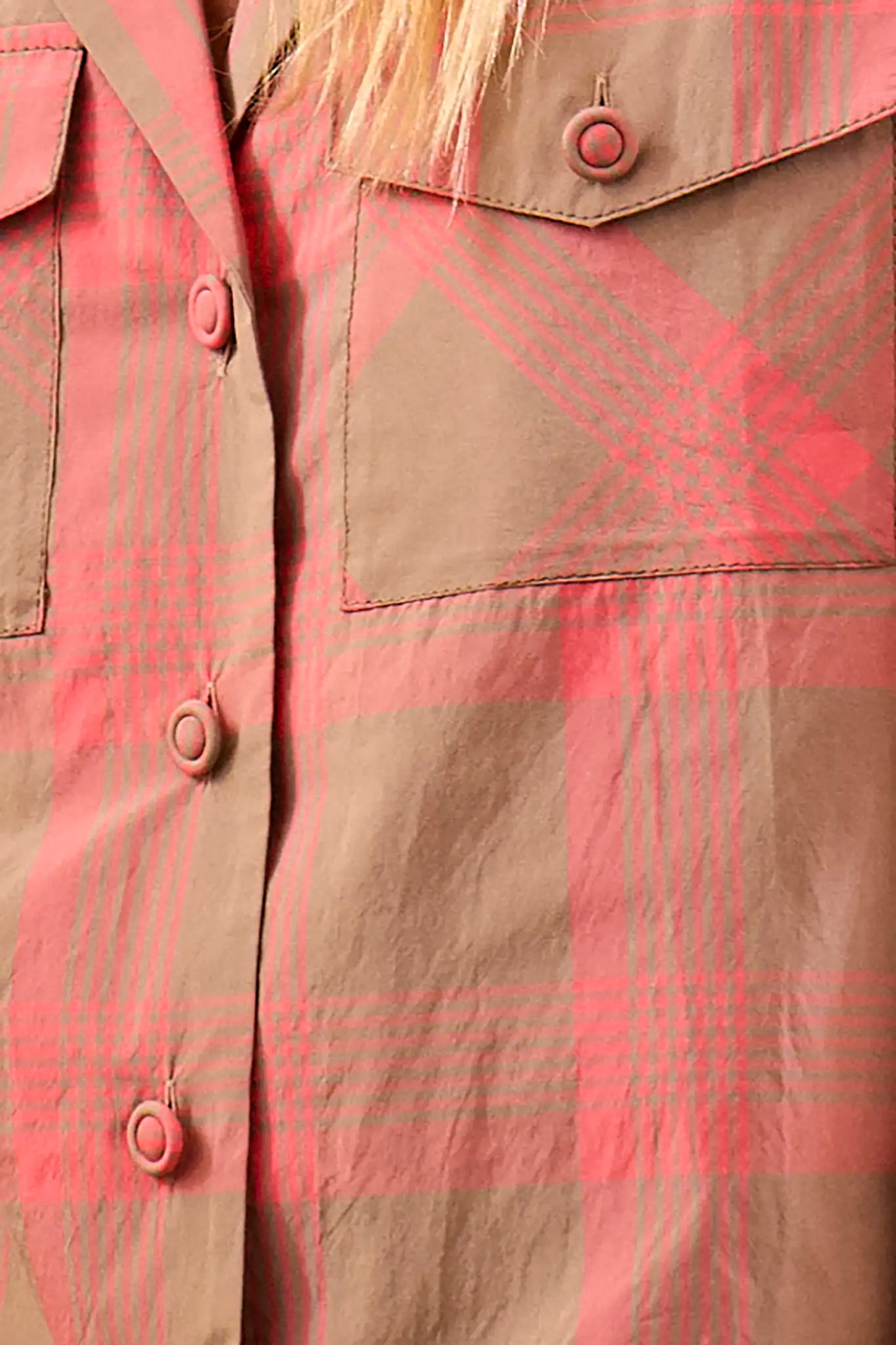 Pink and brown check shirt with tie sleeves and front pockets