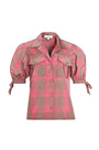 Pink and brown check shirt with tie sleeves and front pockets