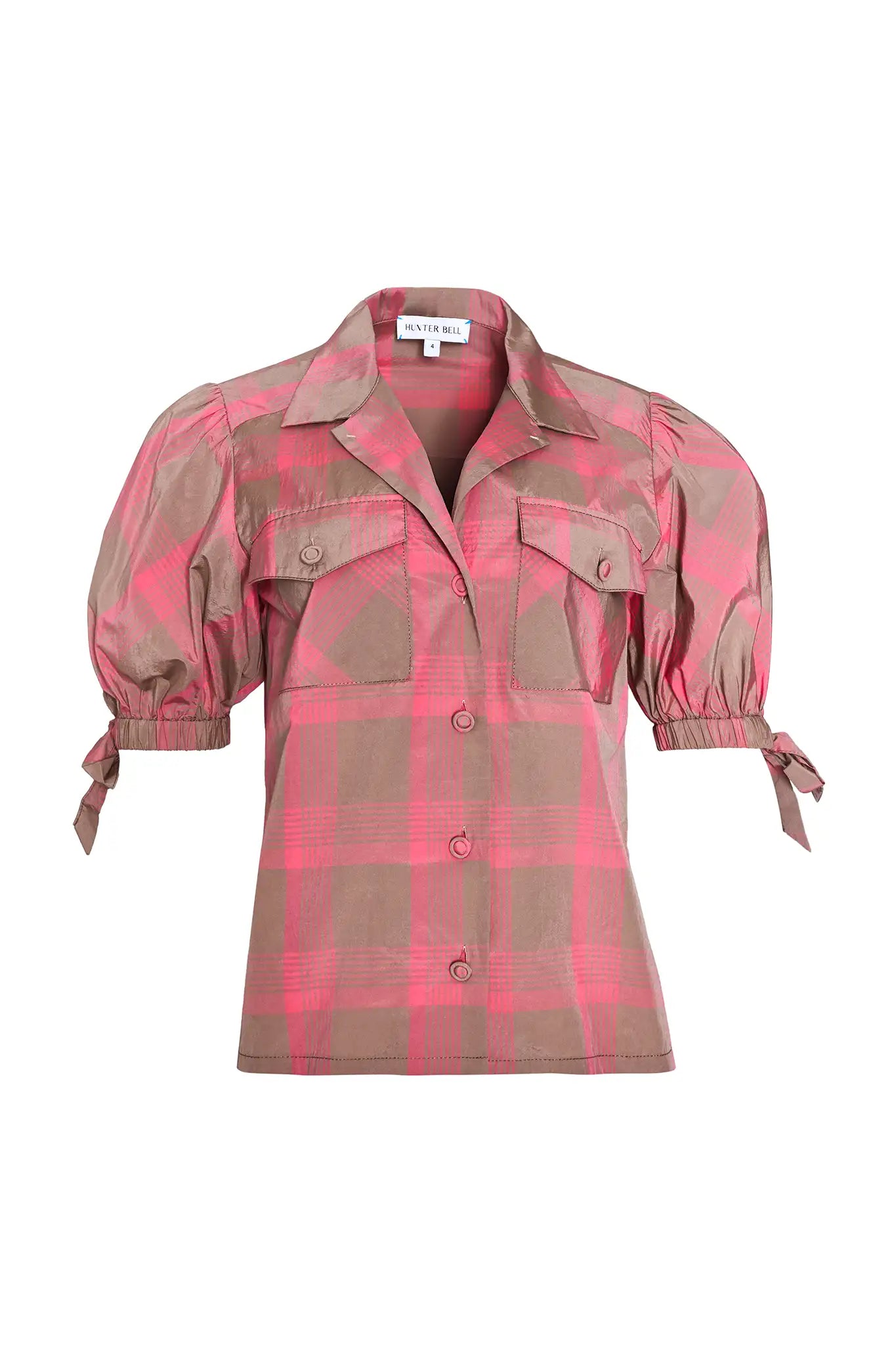 Pink and brown check shirt with tie sleeves and front pockets