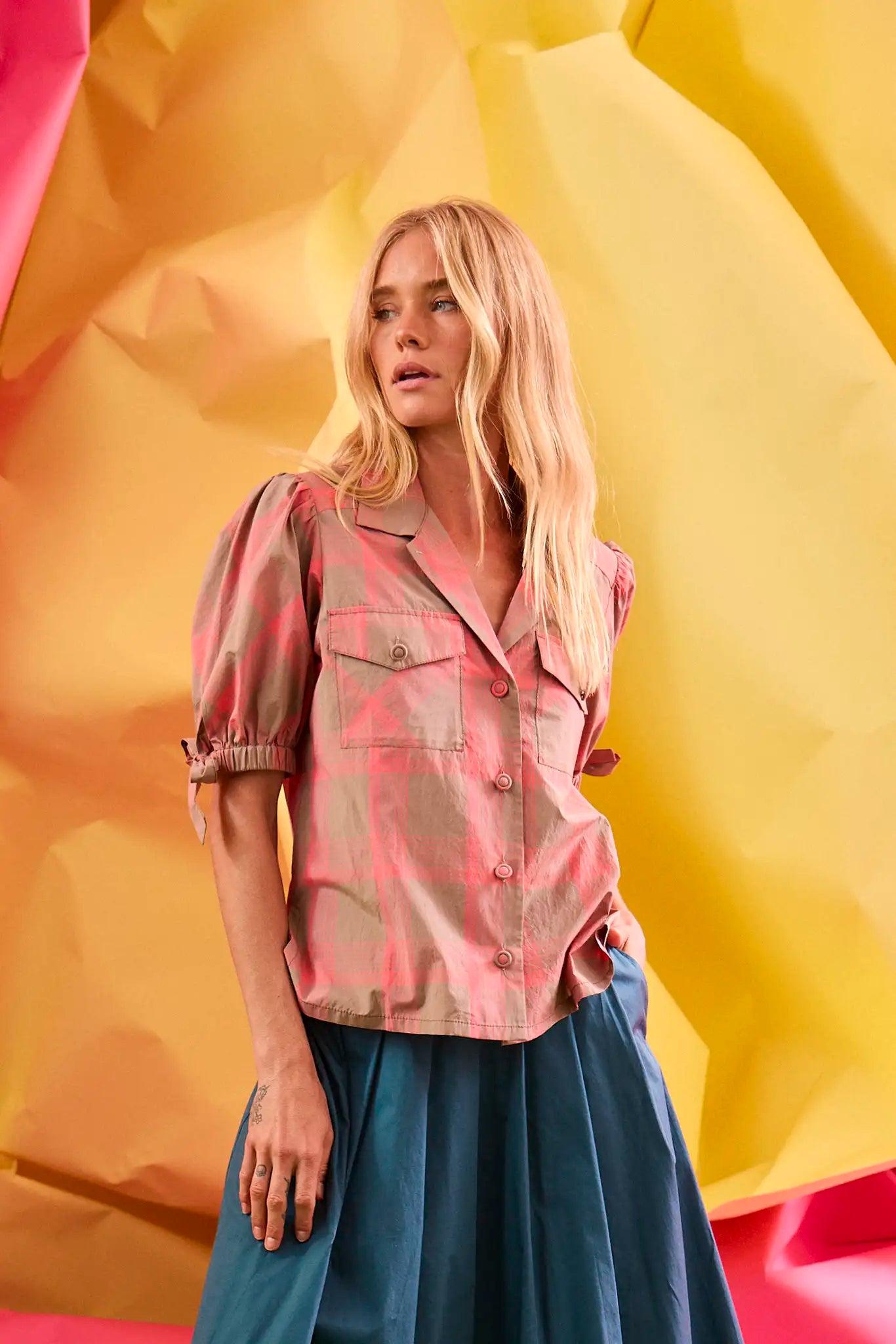 Pink and brown check shirt with tie sleeves and front pockets