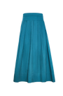 Petrol green pleated maxi skirt with side-seam zipper, fixed waistband, and functional pockets.
