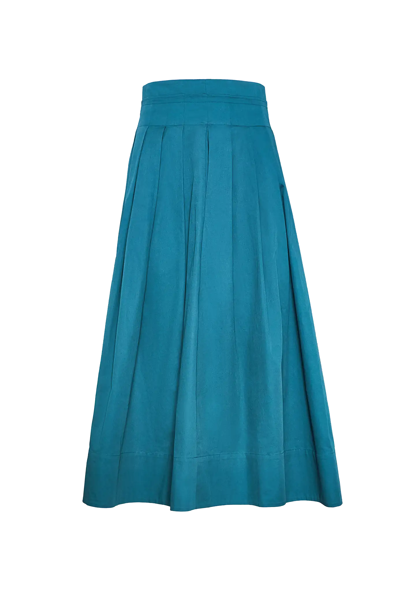 Petrol green pleated maxi skirt with side-seam zipper, fixed waistband, and functional pockets.