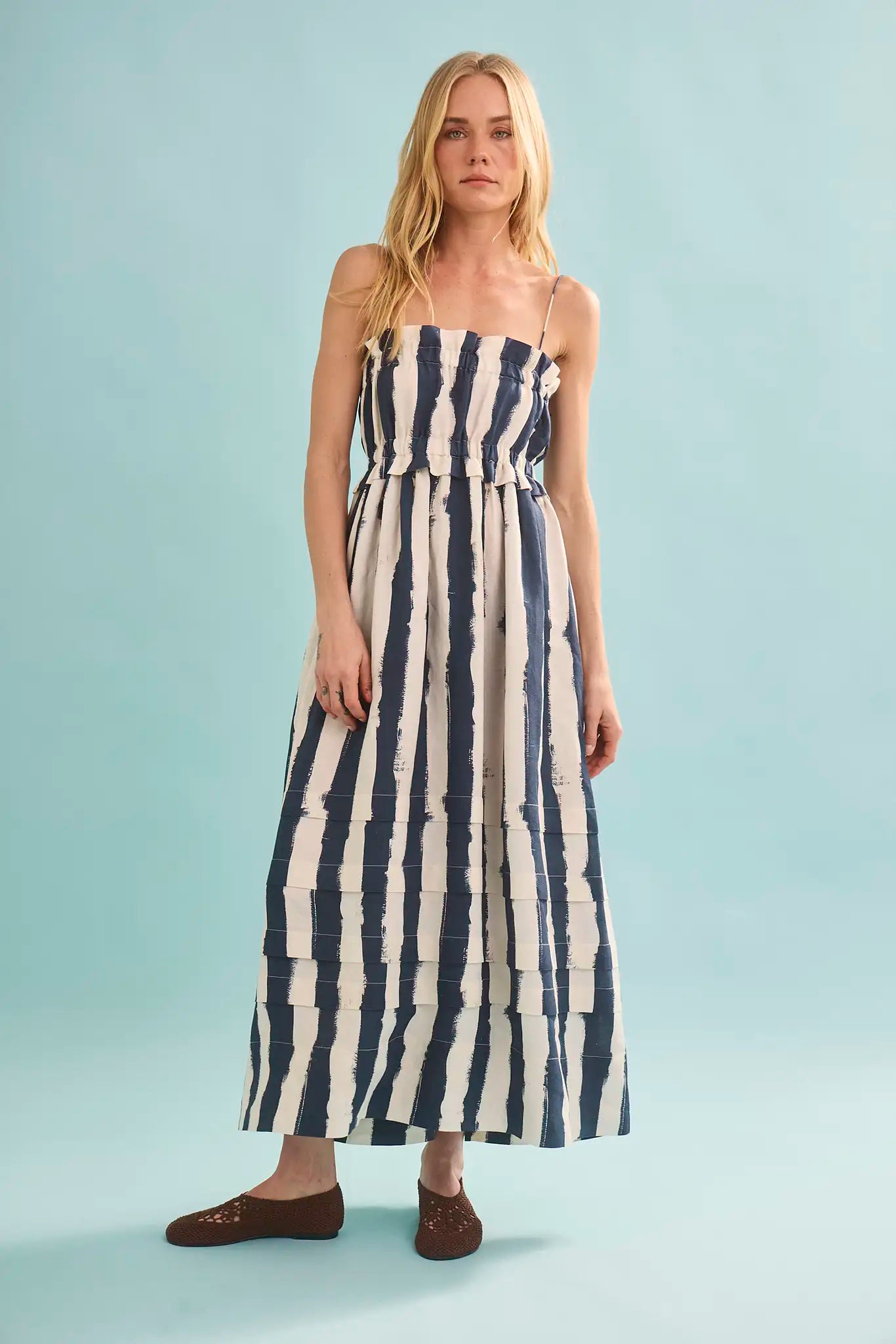 striped summer dress Dresses for Women Maxi Shirt Collar Neck Waist Swing Dress Dress back halter neck Striped Midi Dress | Smocked