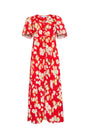 An A-line fitted waist midi dress in an orange and yellow print