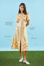 The Larson Dress, A-line midi dress, in Still Life Symphony with call outs.