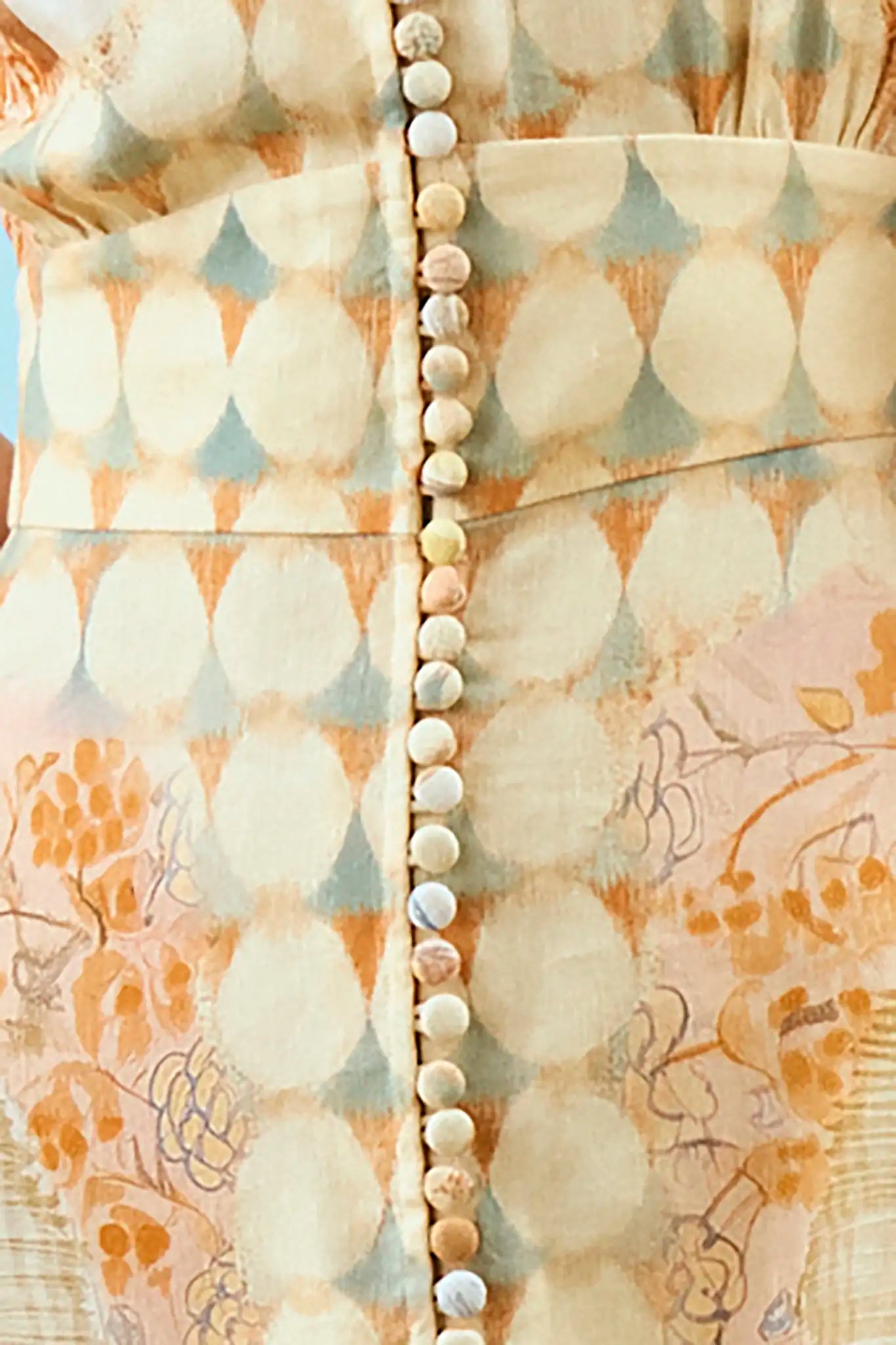 Close up of the Larson Dress, A-line midi dress, in Still Life Symphony.