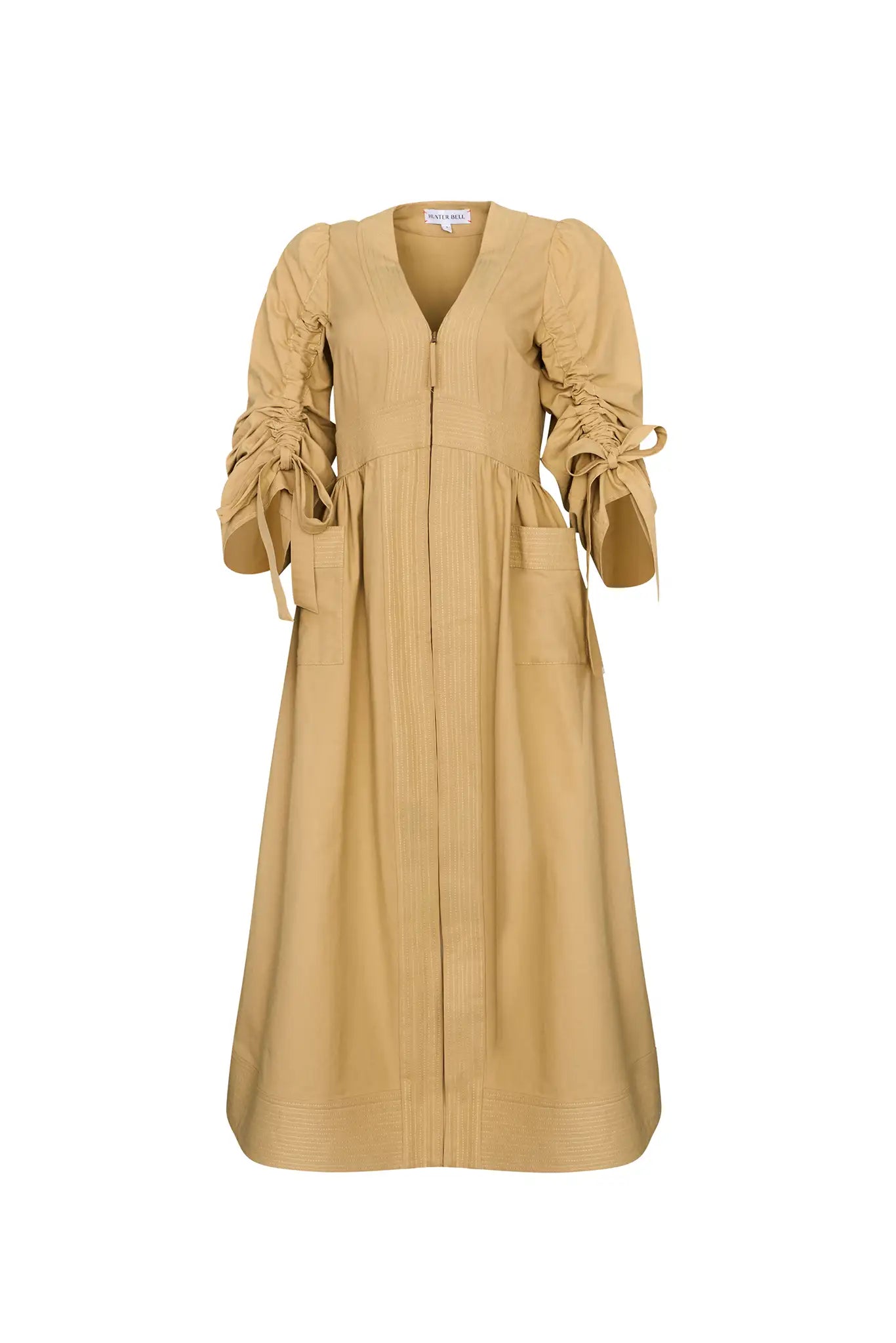 V-neck midi dress with a fitted bodice, full skirt, elbow-length sleeves finish with ties.