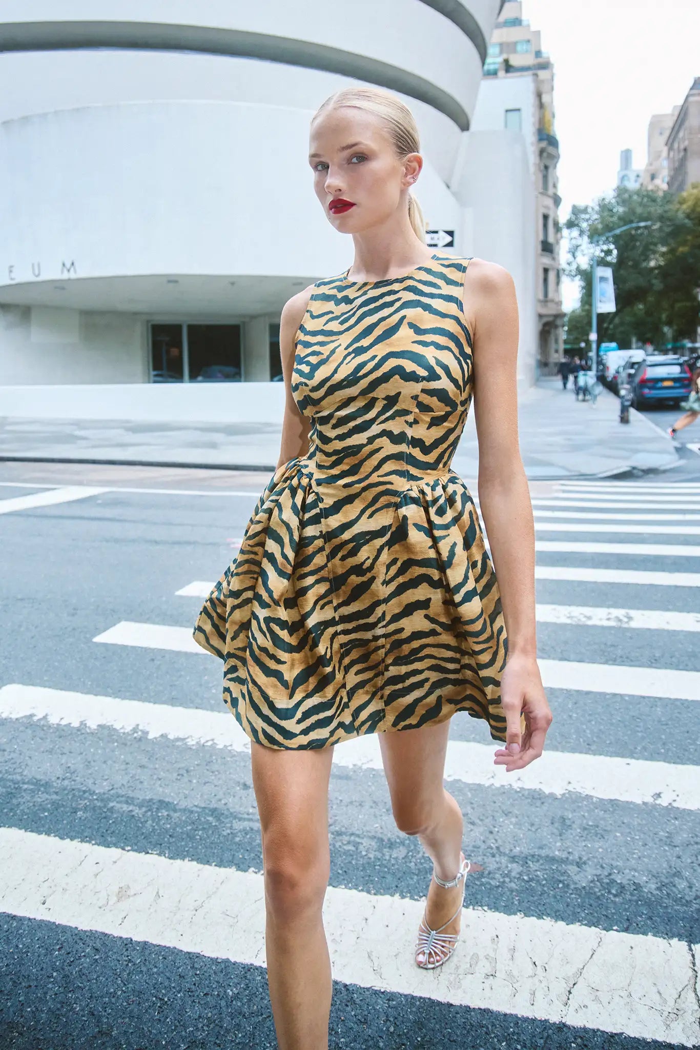 The Layne Dress is a sleeveless mini dress with a fit and flare style in our tiger print. 