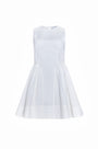 White linen mini dress with structured bustier bodice.