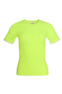 A fitted sweater-knit tee in vibrant neon yellow with a classic crew neckline and short sleeves.