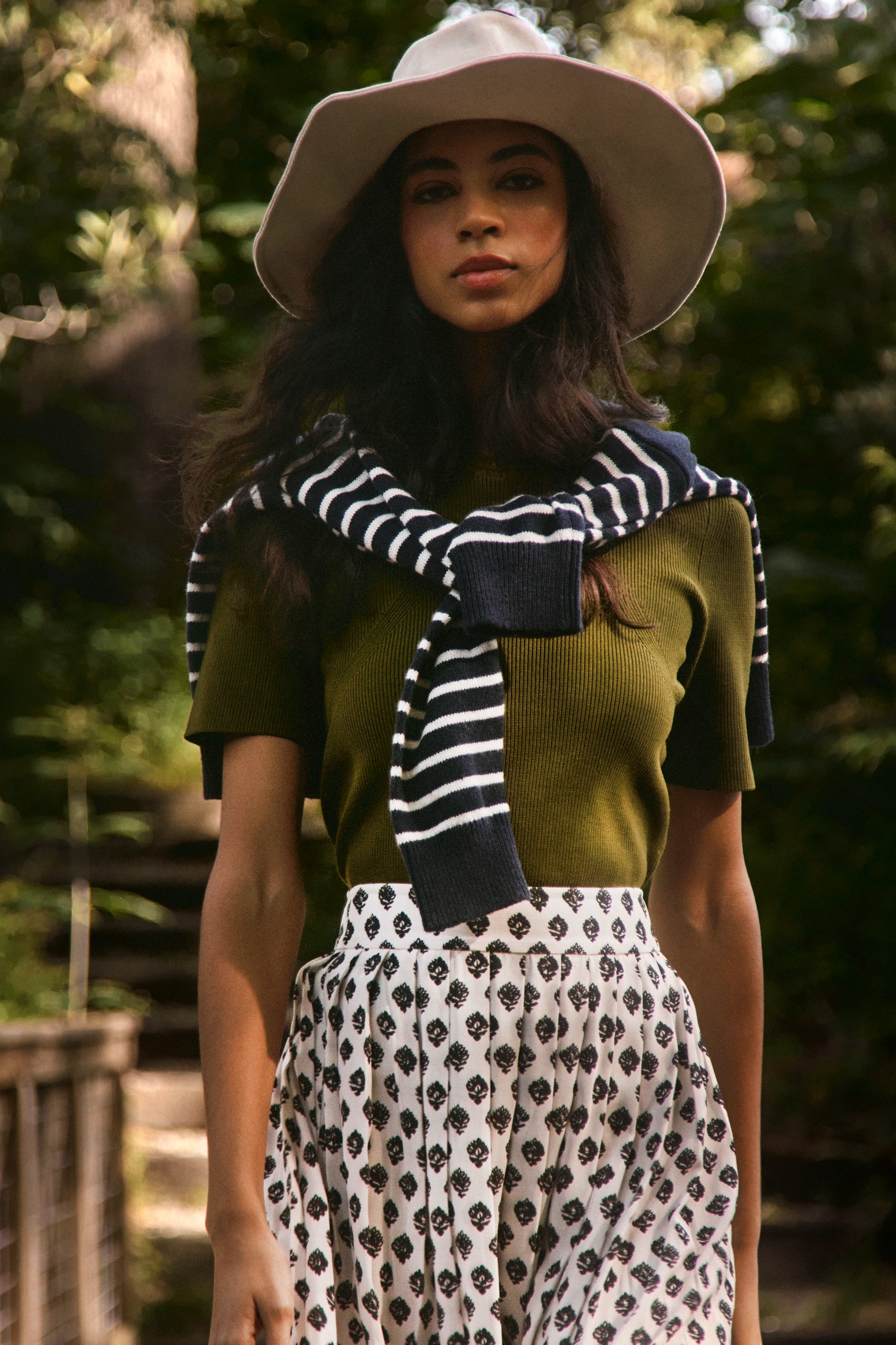 The Lee Top in Pine Grove paired with the Dominic Skirt in Thistle & Vine Cream. 