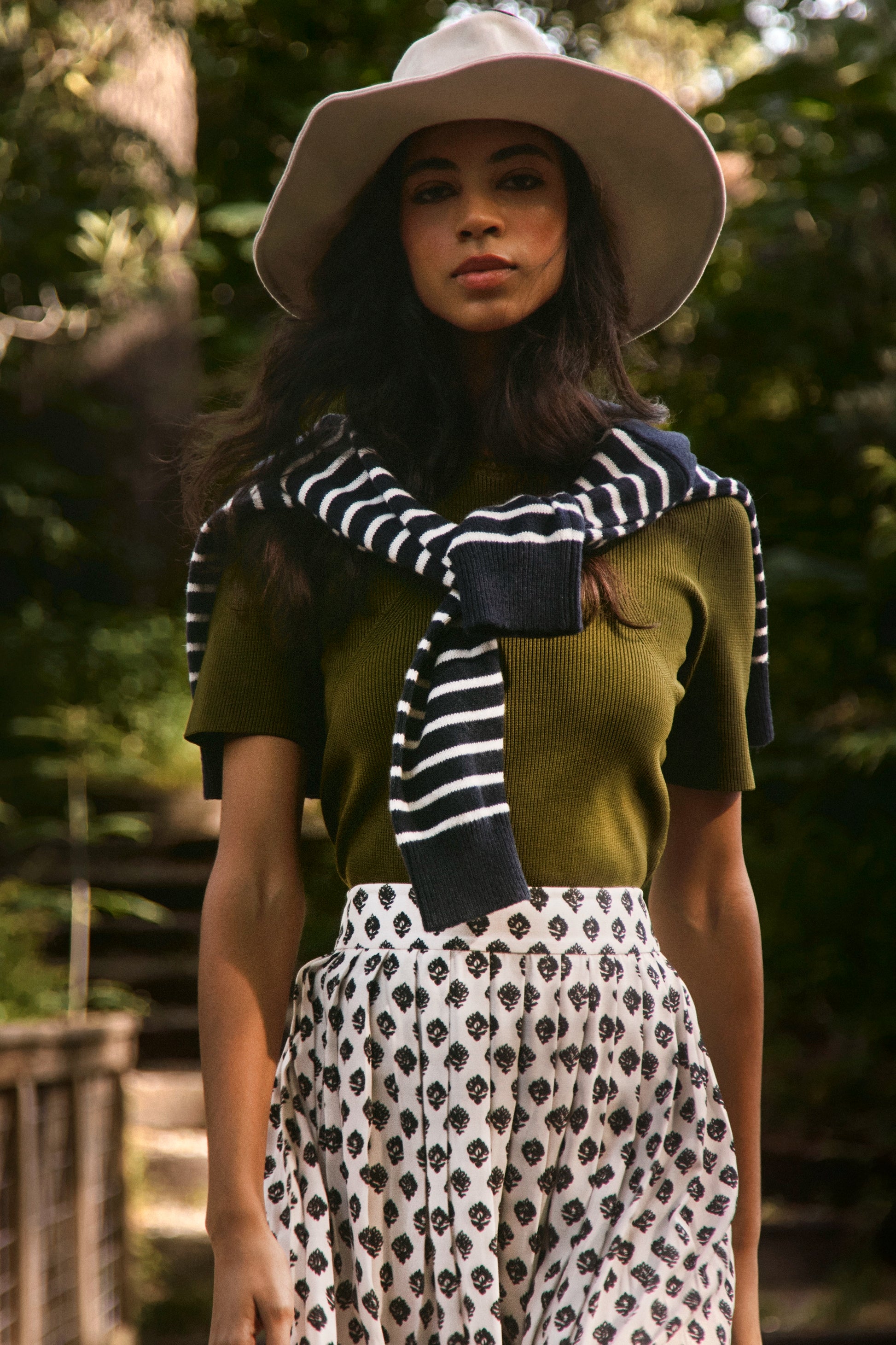 The Lee Top in Pine Grove paired with the Dominic Skirt in Thistle & Vine Cream. 