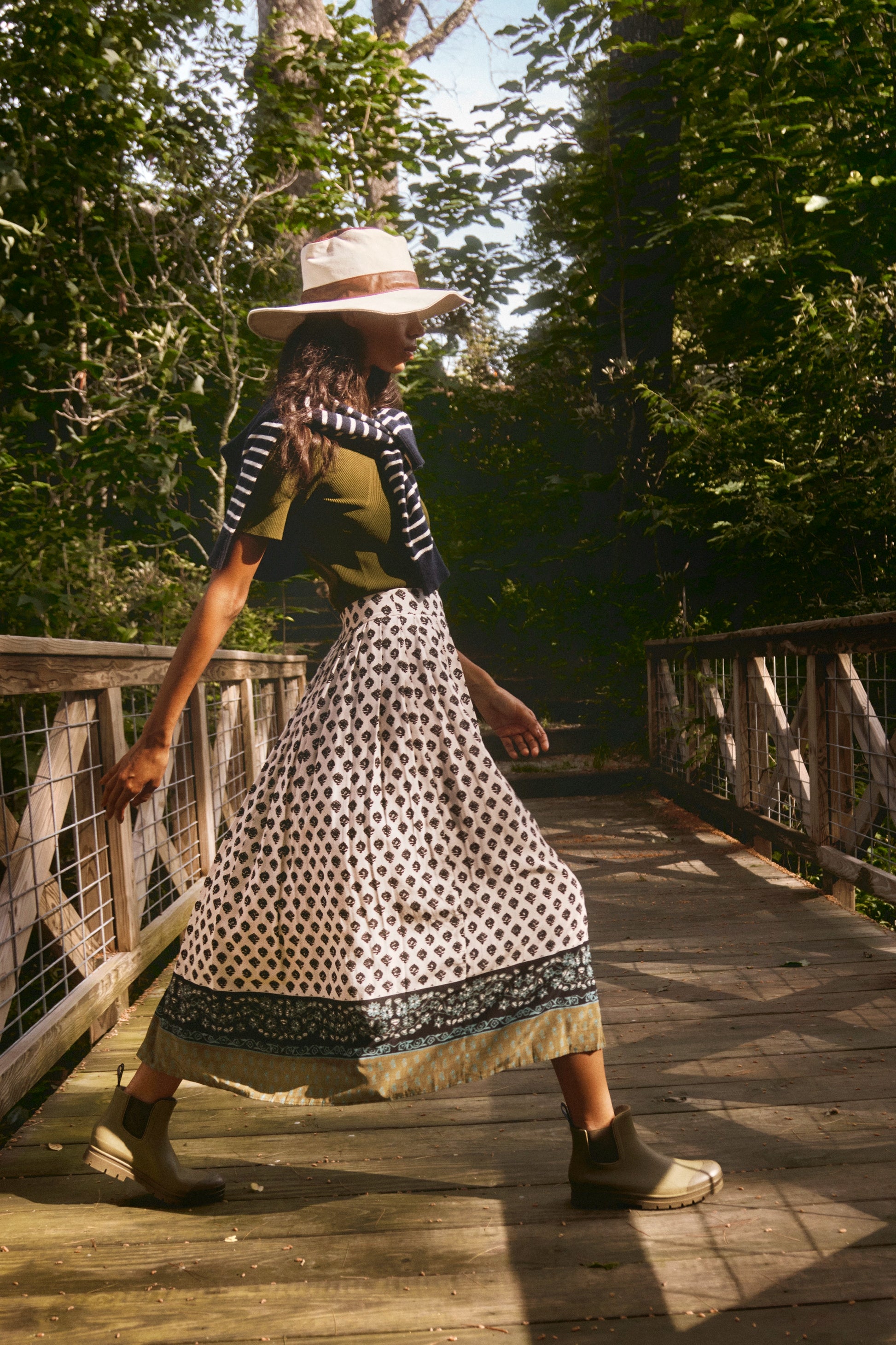 The Dominic Skirt in Thistle & Vine Cream paired with Lee Top in Pine Grove and Lewis Pullover.
