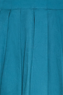 Petrol green pleated maxi skirt with side-seam zipper, fixed waistband, and functional pockets.