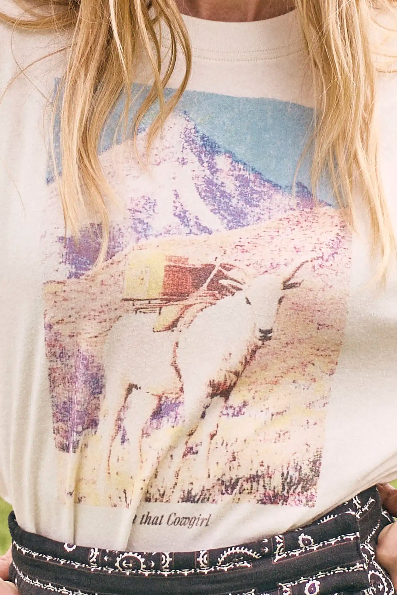 This is a vintage-inspired ringer crew neck with long sleeves, ribbed cuffs and a cowgirl graphic.