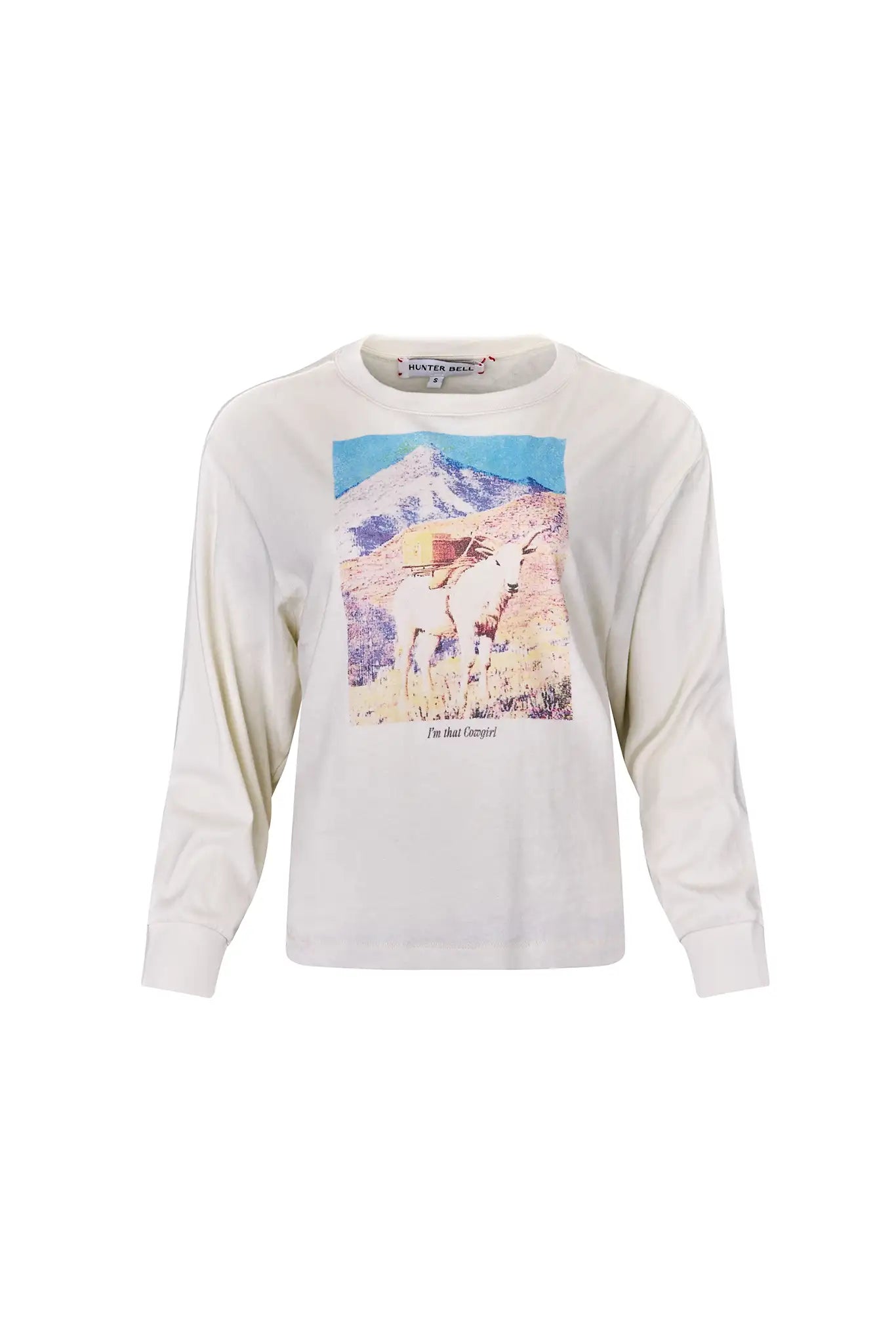 This is a vintage-inspired ringer crew neck with long sleeves, ribbed cuffs and a cowgirl graphic.
