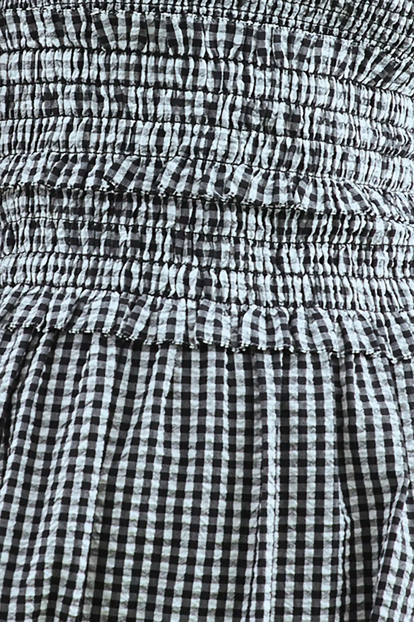 Close up of The Louise Dress, seersucker black and white gingham 