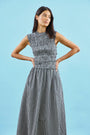 The Louise Dress, seersucker black and white gingham on model