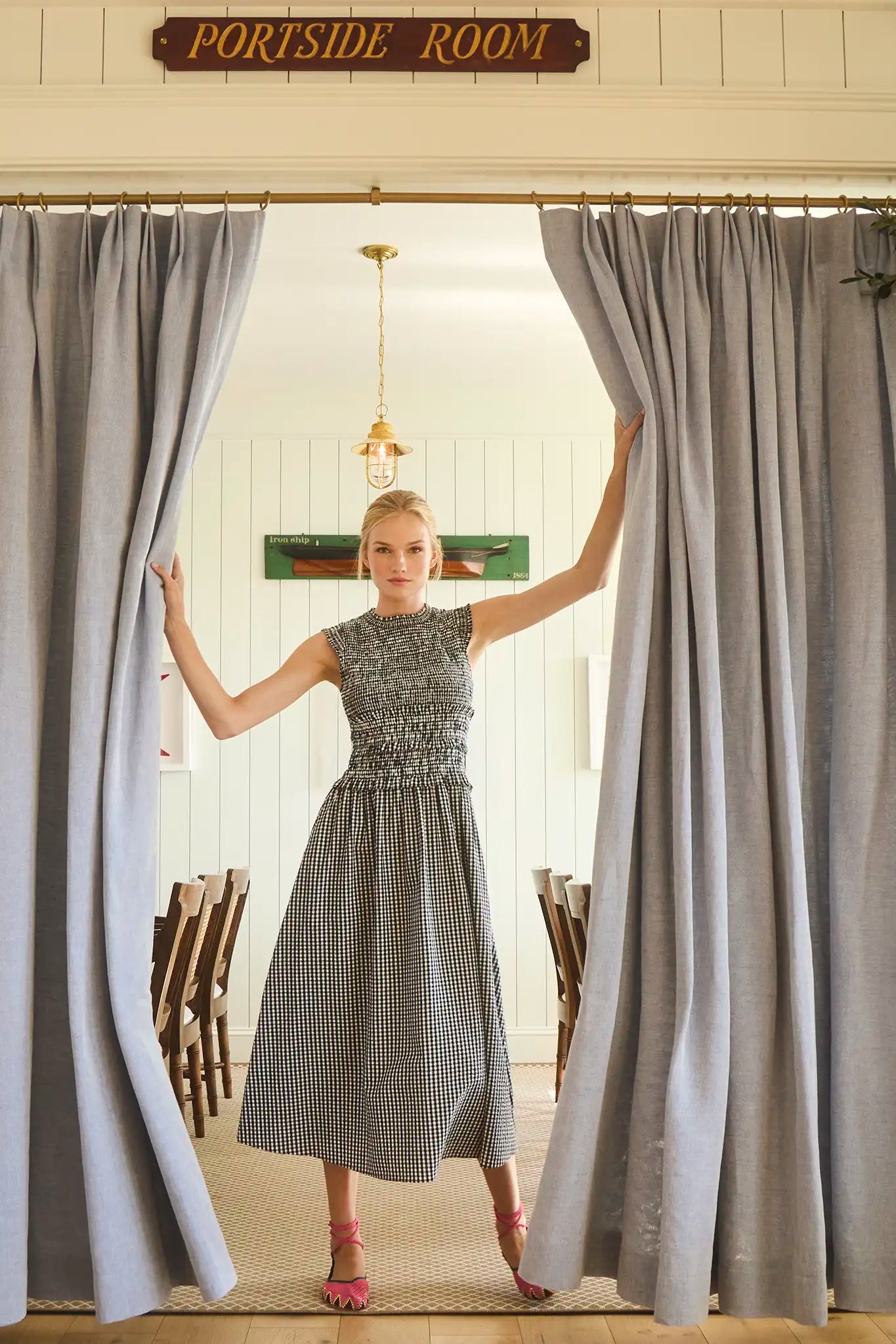 The Louise Dress, seersucker black and white gingham on model
