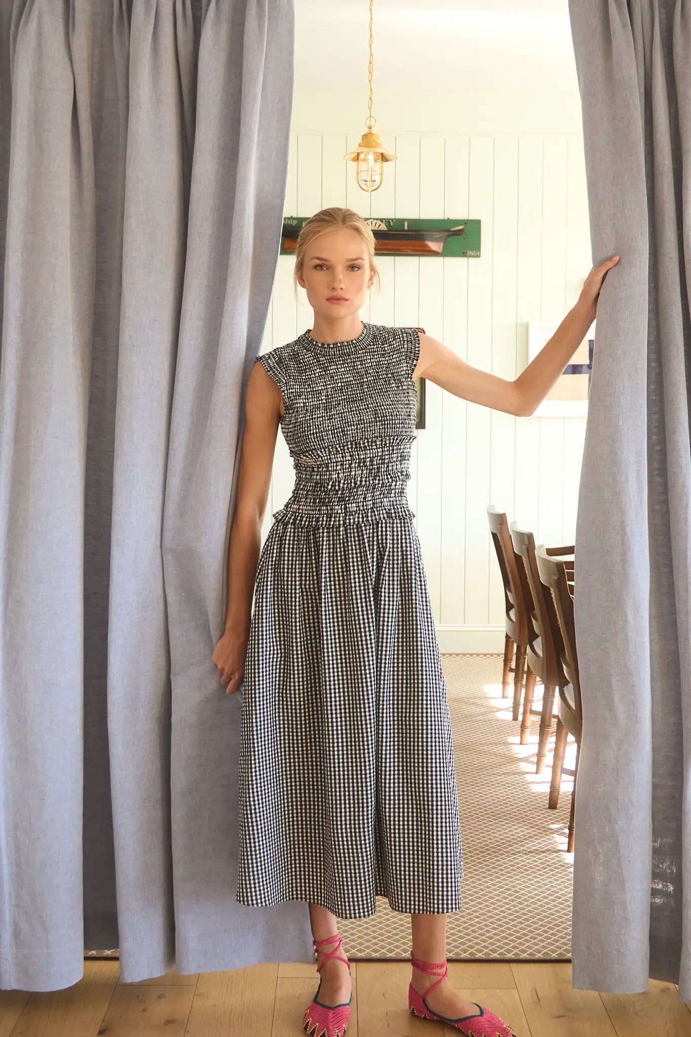 The Louise Dress, seersucker black and white gingham on model