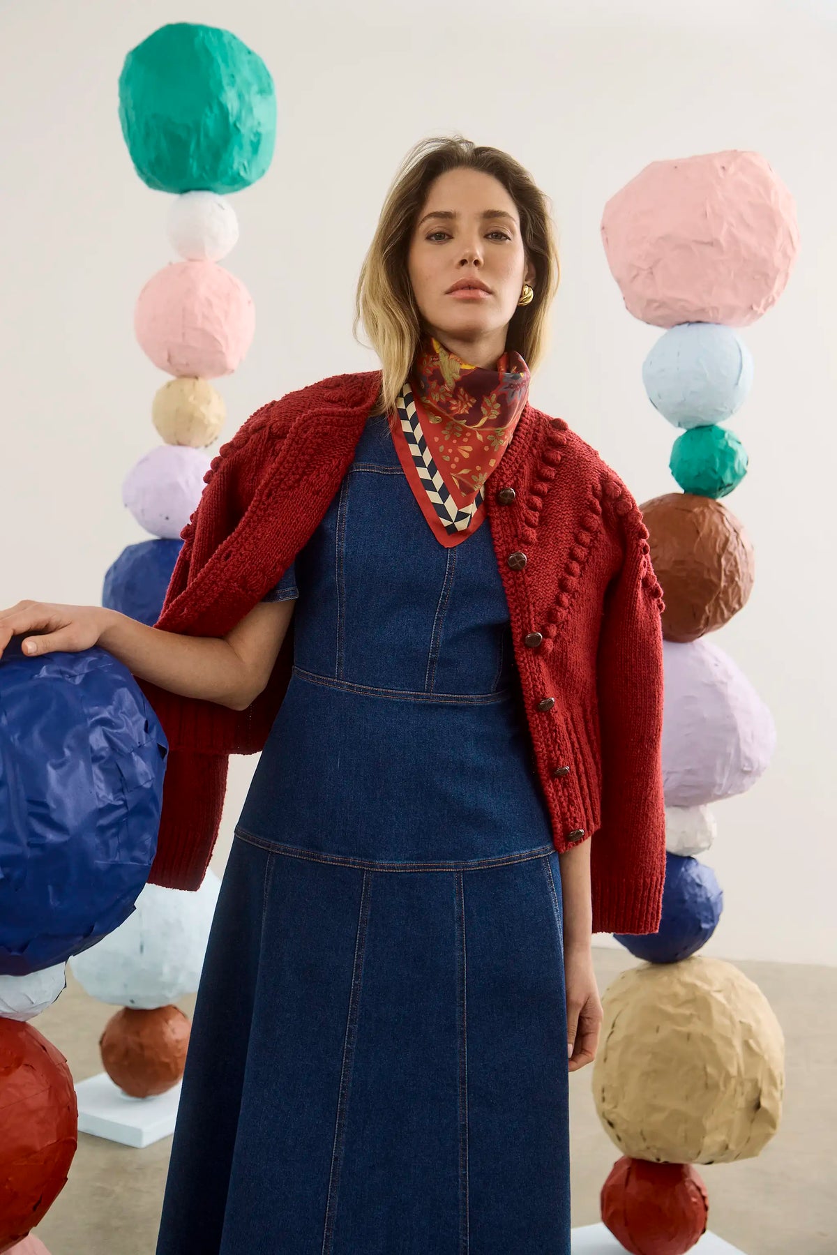 The Bobble Sweater in Maroon paired with Loving Dress in Blue Ridge Denim and scarf. 