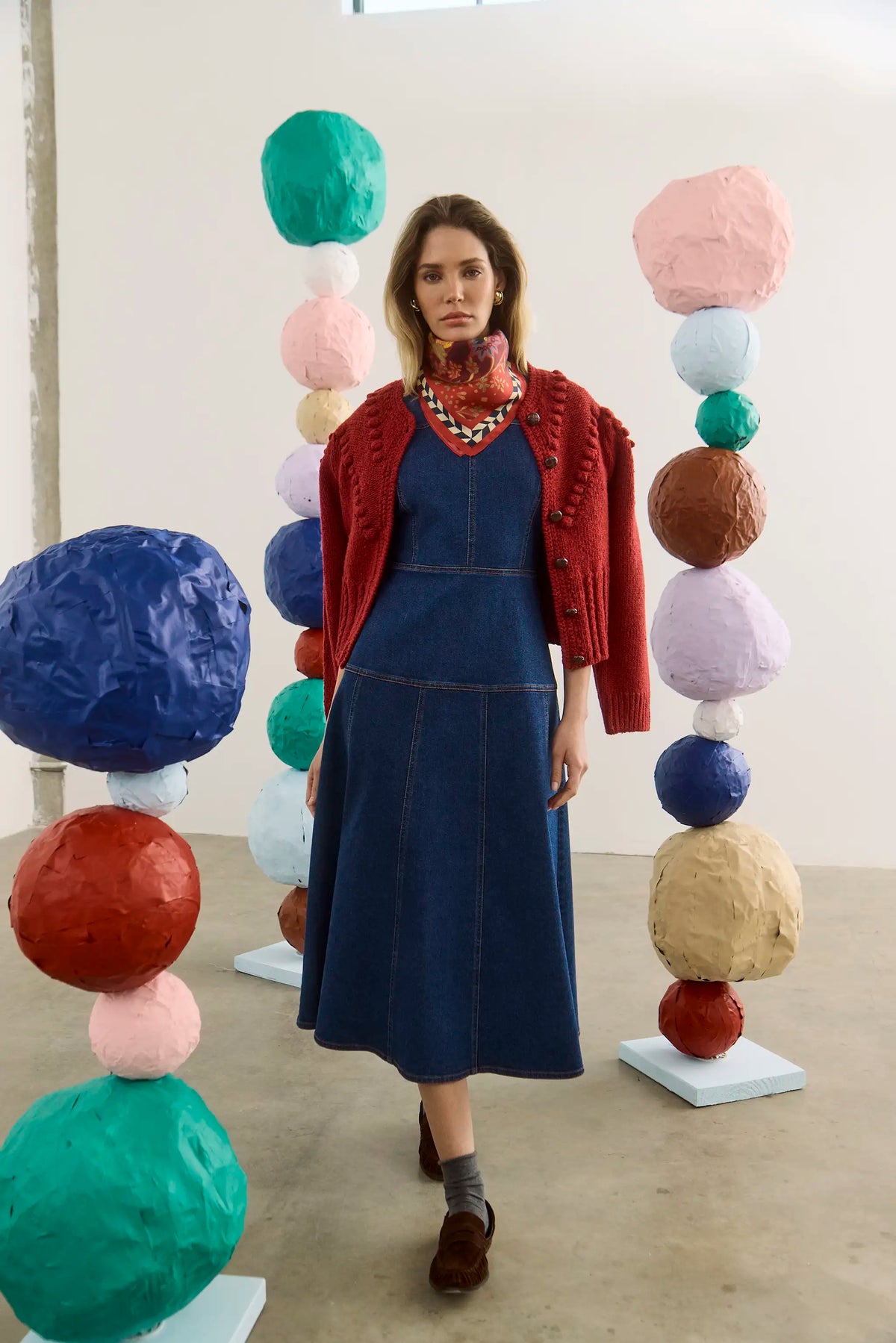 The Bobble Sweater in Maroon paired with Loving Dress in Blue Ridge Denim and scarf. 