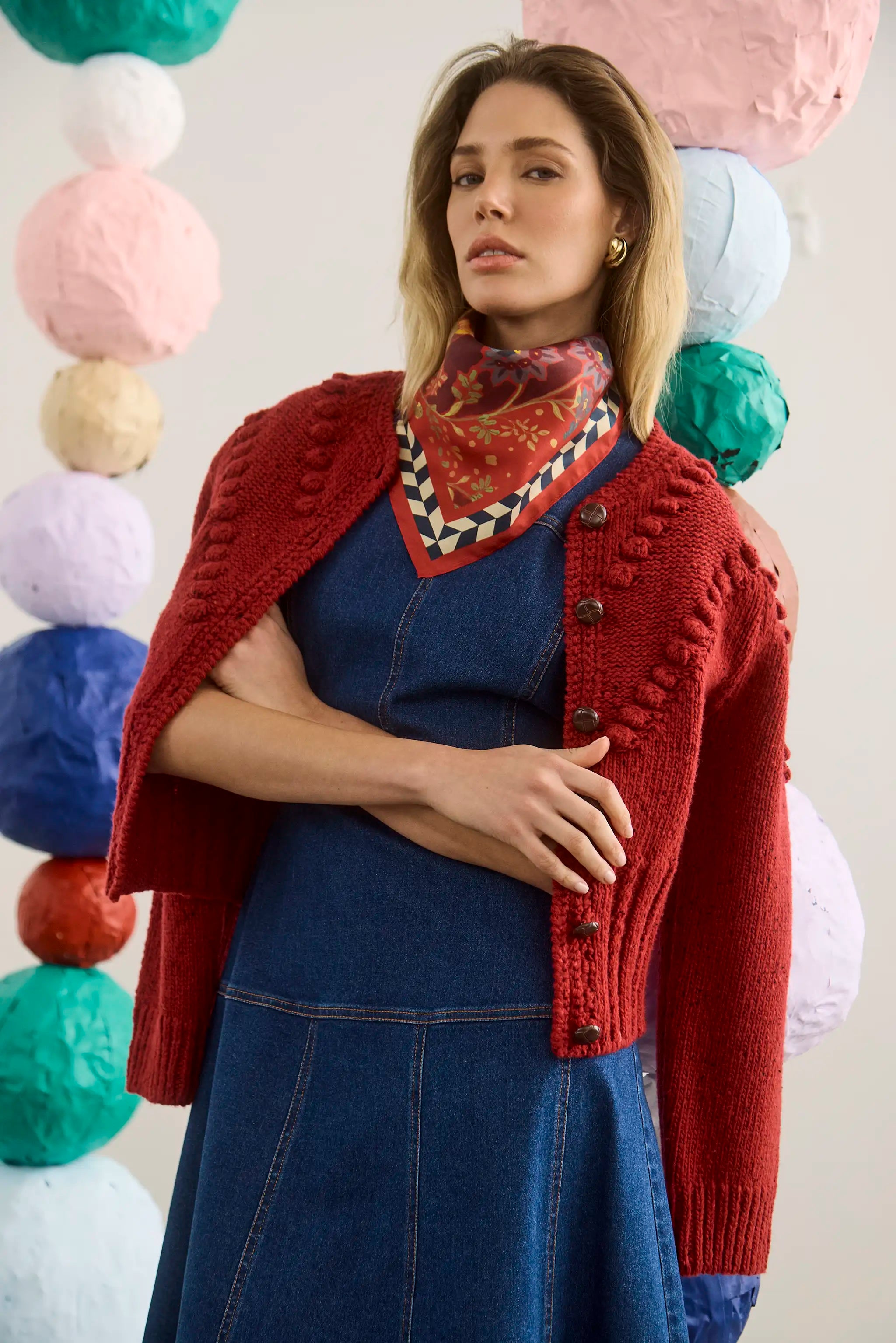 The Bobble Sweater in Maroon paired with Loving Dress in Blue Ridge Denim and scarf. 