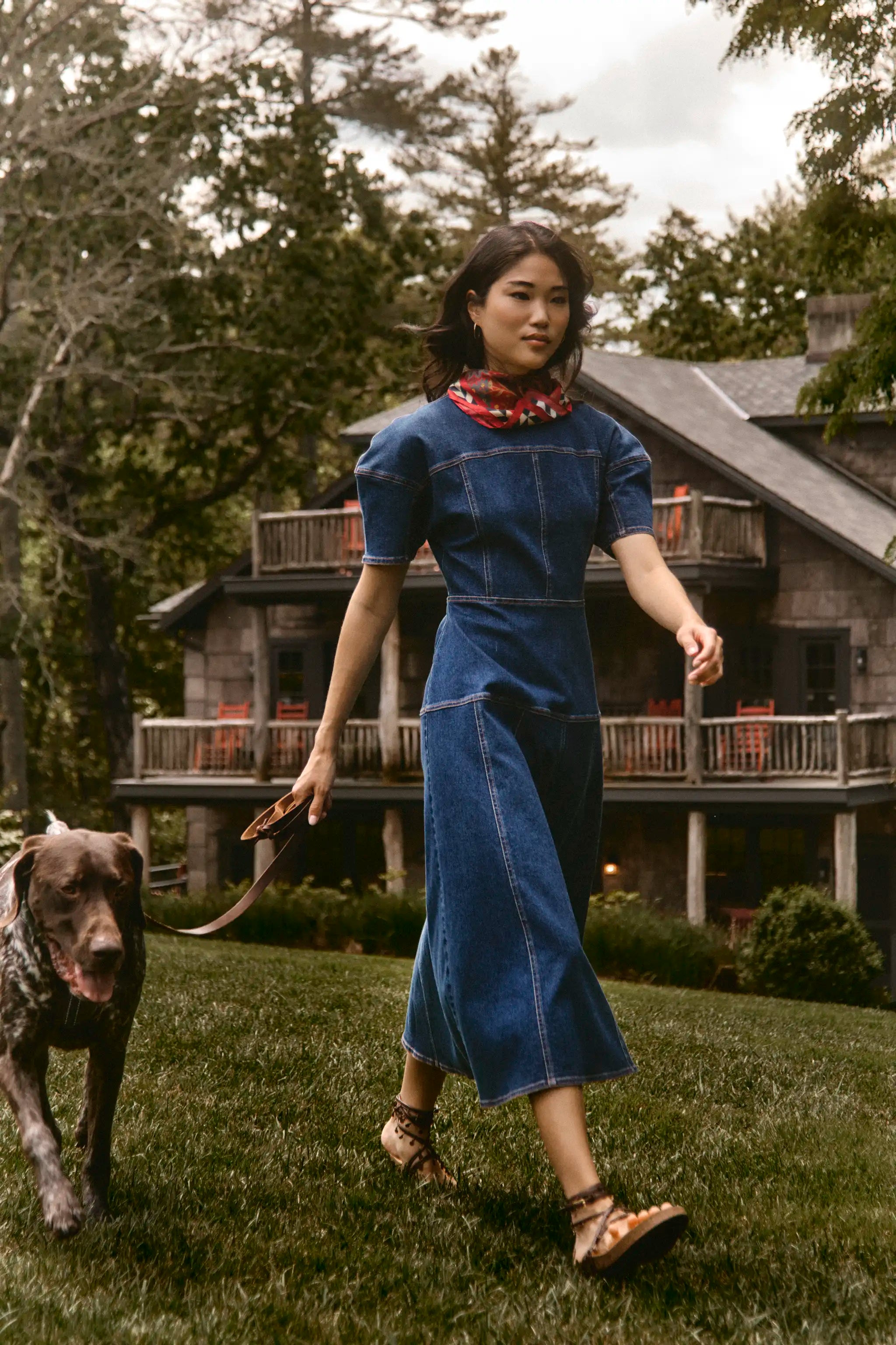 The Loving Dress in Blue Ridge Denim paired with the Birds of a Feather Scarf. 