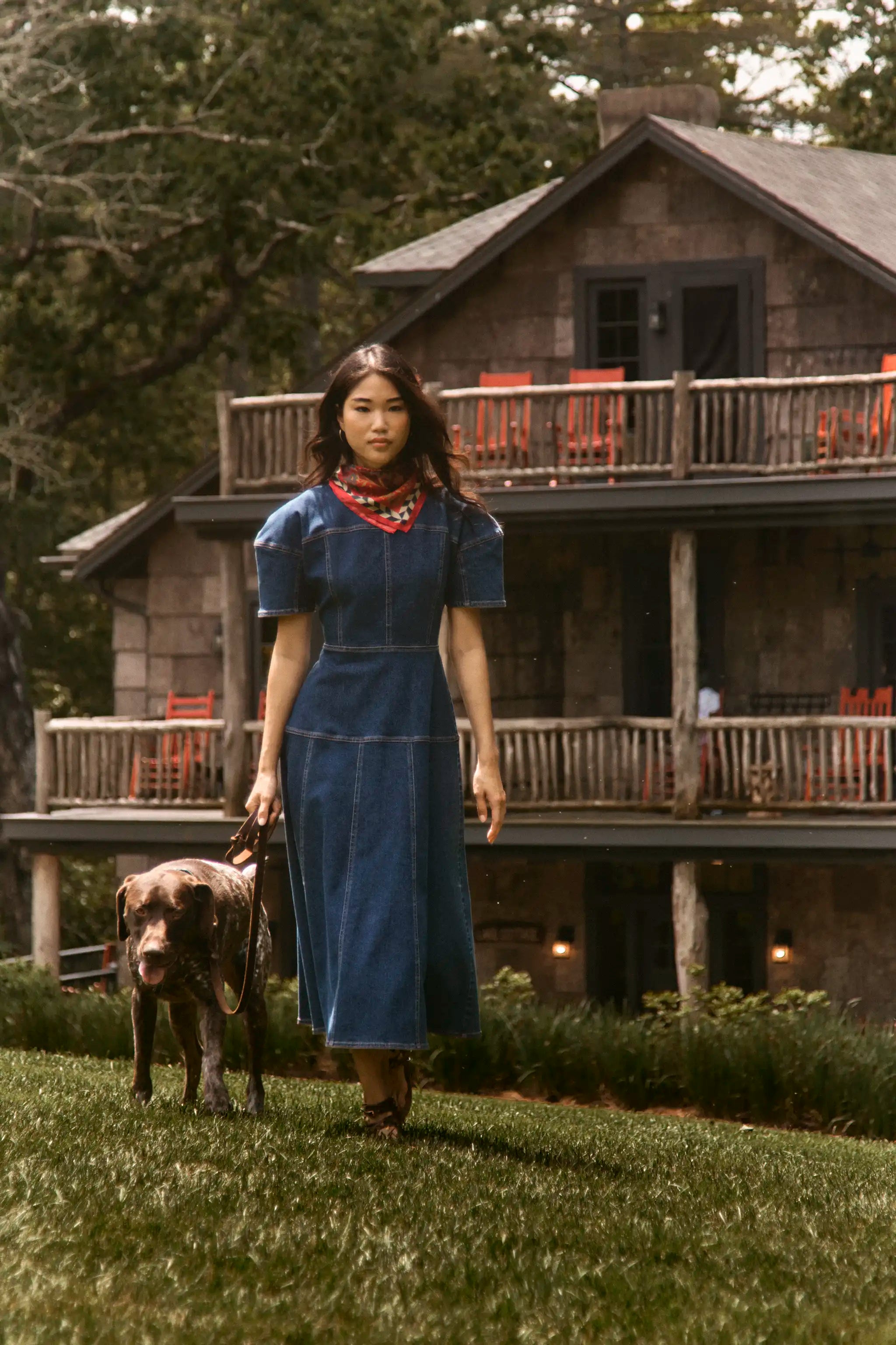 The Loving Dress in Blue Ridge Denim paired with the Birds of a Feather Scarf. 
