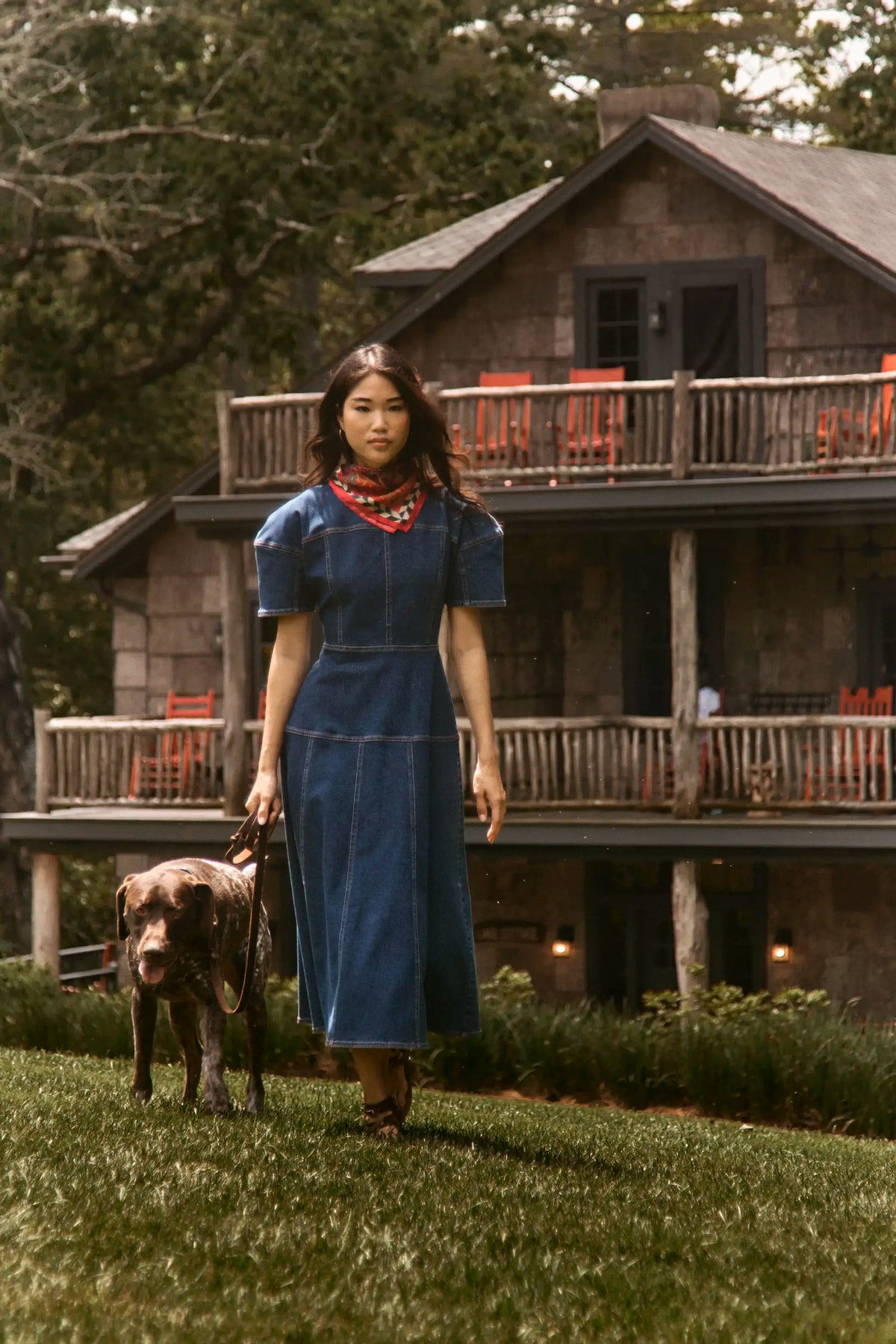The Loving Dress in Blue Ridge Denim paired with the Birds of a Feather Scarf. 
