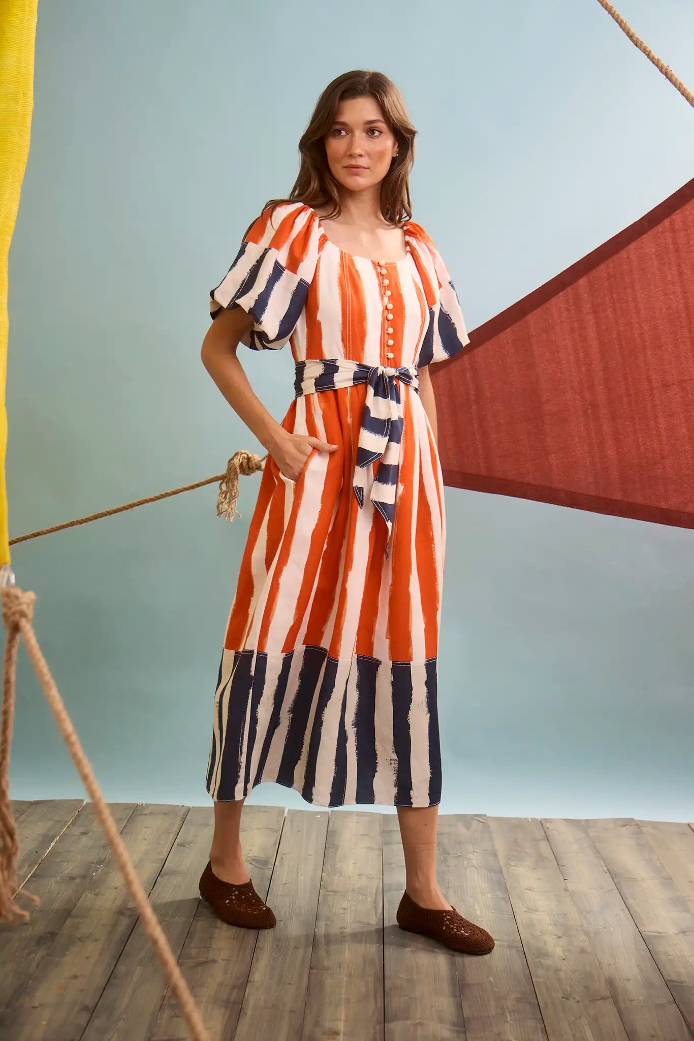 Lucy Dress | Striped Puff Sleeve Midi Dress