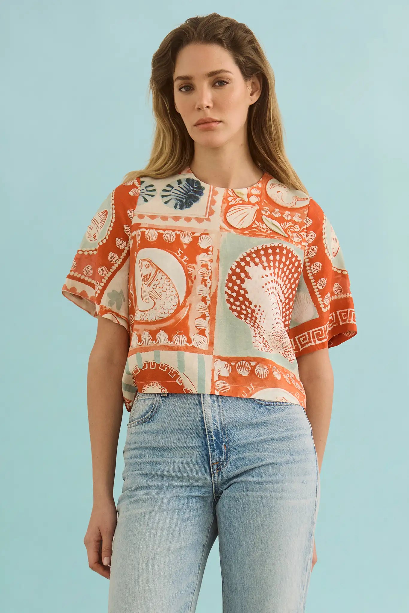 The Maeve Top in lost at sea paired with denim.