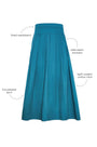 Petrol green pleated maxi skirt with side-seam zipper, fixed waistband, and functional pockets.