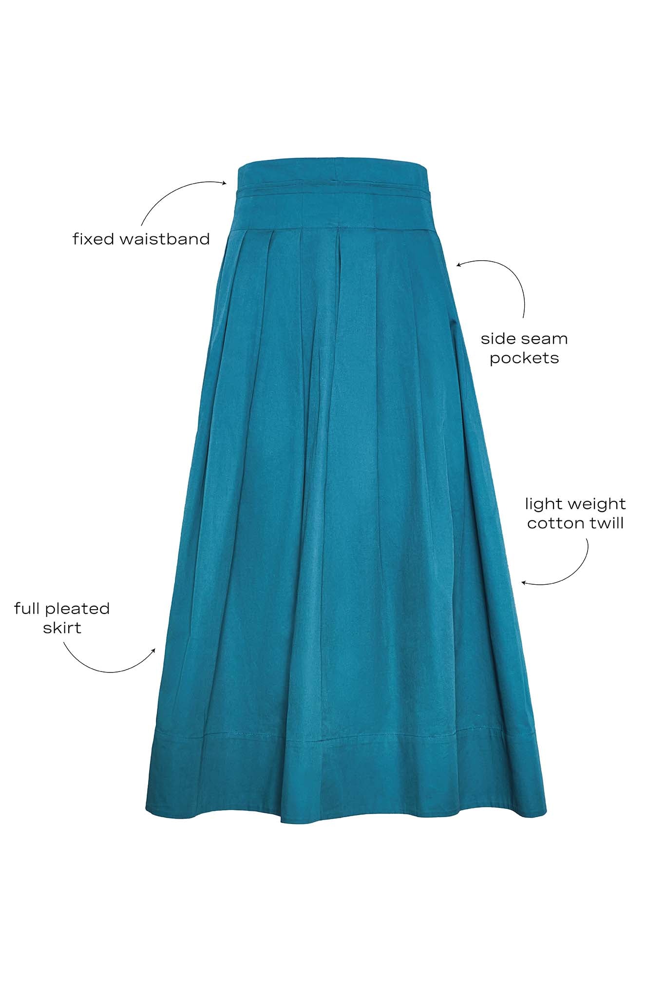 Petrol green pleated maxi skirt with side-seam zipper, fixed waistband, and functional pockets.