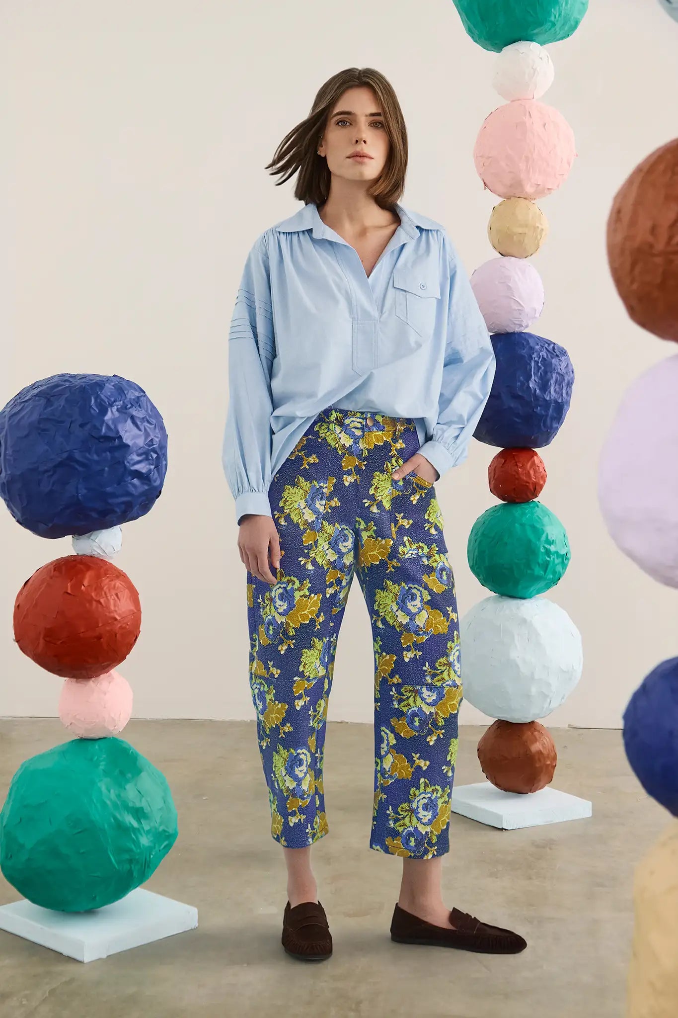 The Evangeline Shirt in Oxford Blue paired with the Mallory Jean in Primrose.