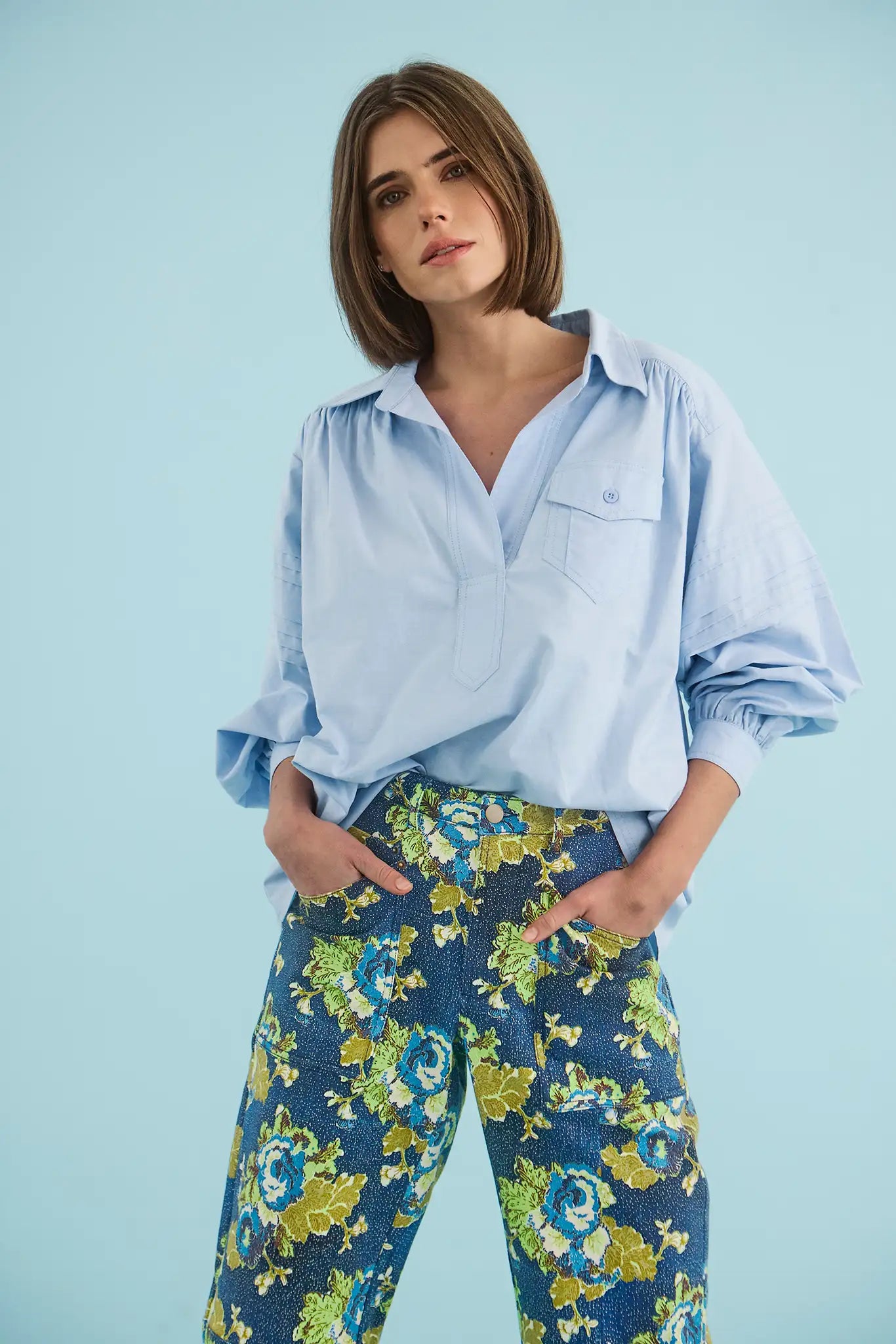 The Evangeline Shirt in Oxford Blue paired with the Mallory Jean in Primrose.